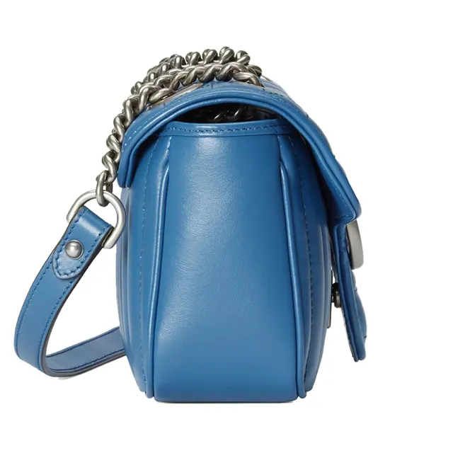 【GUCCI 古馳】446744 經典GG Marmont絎縫系列銀釦掀蓋肩背/斜背包(全新展示品-藍色)