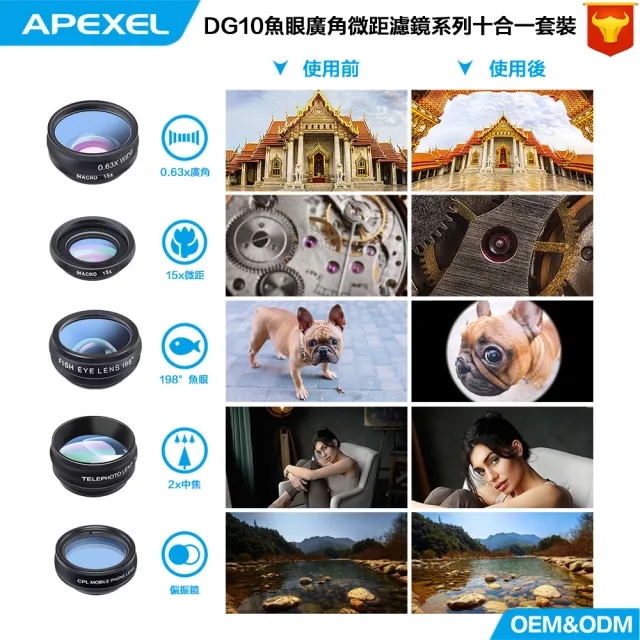 【APEXEL】多用途 十合一手機鏡頭套組 15倍微距 一組拍出攝影大片(10種鏡頭 攝影特效 拍照周邊)