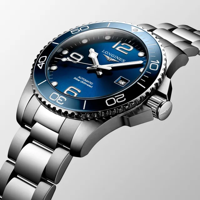 【LONGINES 浪琴】藍水鬼 深海征服者浪鬼陶瓷潛水機械錶-藍x銀/43mm(L3.782.4.96.6)