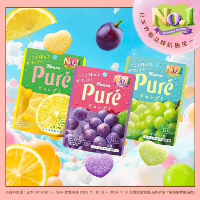 【Kanro 甘樂】Pure鮮果實軟糖6入盒裝 56gx6包(葡萄/白葡萄/檸檬)