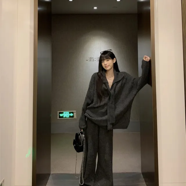 【AS 梨卡】套裝 毛衣 長褲 針織 長褲 長袖 高腰闊腿褲 百搭針織上衣 針織衫 ES2029