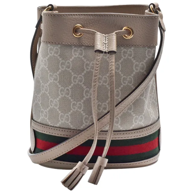 【GUCCI 古馳】經典Ophidia帆布印花綠紅綠織帶皮革飾邊束口水桶包(迷你-燕麥色)