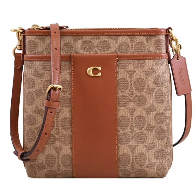 【COACH】Kitt 經典C字LOGO條紋印花方包斜背包(駝/紅棕)