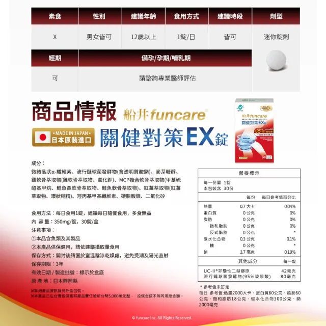 【funcare 船井生醫】日本進口特濃UC-II關健對策EX錠30顆/盒X4；共120顆(新生穩固X專利玻尿酸)