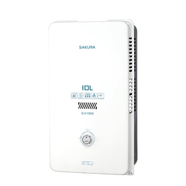  SAKURA 櫻花牌 GH-1005 瓦斯熱水器，臺灣原裝生產，適合液化瓦斯使用。採用 RF 自然排氣設計，電子式自動點火，機械控溫功能精準控制水溫。熱水放出量達 10L，熱效率高達 83.2%，能源效率第二級，尺寸 390 x 210 x 725 mm，重量僅 14kg。使用 DC1.5V 電池供電，BSMI 許可字號 R51085，一年保固。理想的家用瓦斯熱水器選擇，提供穩定熱水供應，節省能源。 