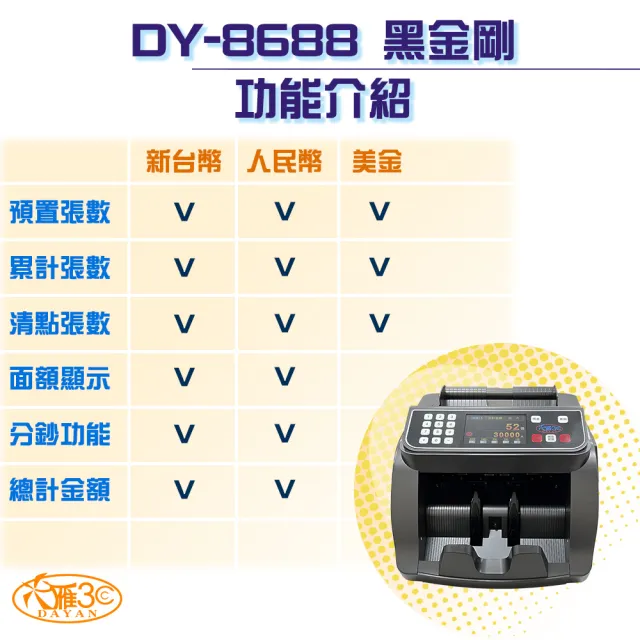 【DAYAN 大雁】DY-8688台幣專用點驗鈔機(總計金額 面額分鈔 面額顯示 張數預置  張數累計 張數清點)