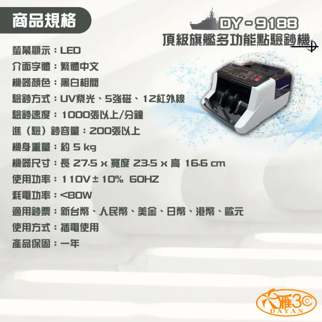 【DAYAN 大雁】DY-9188 頂級旗艦多功能點驗鈔機(六國鑑偽 混鈔合計 面額顯示)