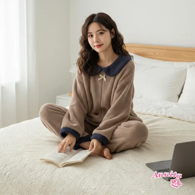 【Annita】日系女孩 法蘭絨珊瑚絨兩件式居家服女睡衣(兩件式套裝/連身睡衣/保暖居家服/長袖/中大尺碼)