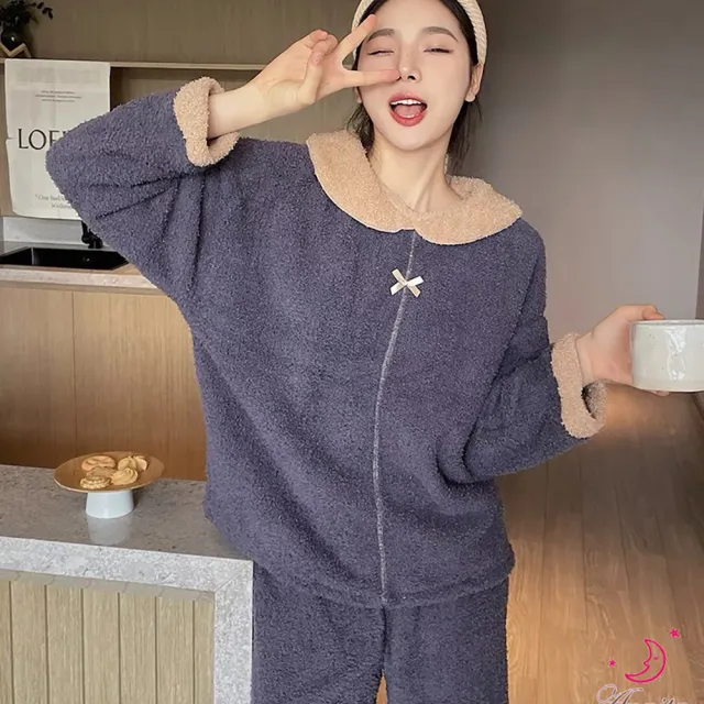 【Annita】日系女孩 法蘭絨珊瑚絨兩件式居家服女睡衣(兩件式套裝/連身睡衣/保暖居家服/長袖/中大尺碼)