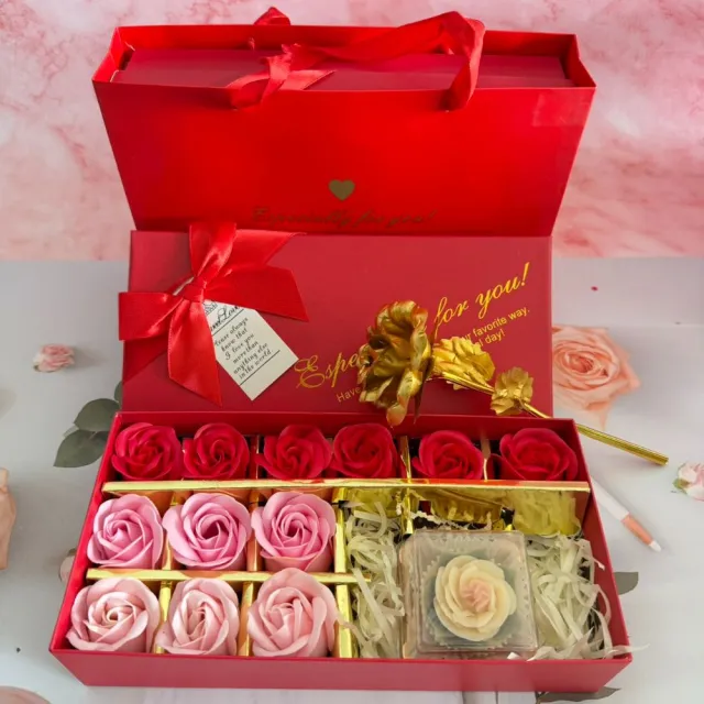【A-ONE 匯旺】台灣製 花盆栽精油冷製皂1入禮盒(附手提袋+紅香皂花12朵+金箔玫瑰花) 婚禮小物手工皂禮盒