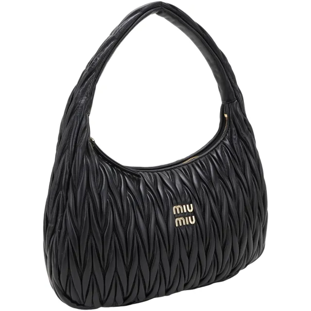 【MIU MIU】Wander Matelasse 35CM大款 皺褶納帕皮革肩背半月包-黑色