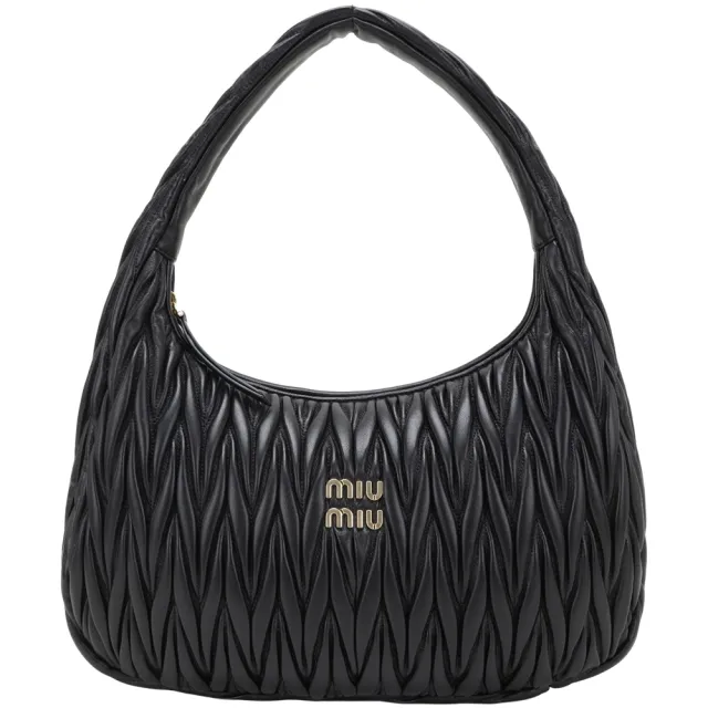 【MIU MIU】Wander Matelasse 35CM大款 皺褶納帕皮革肩背半月包-黑色