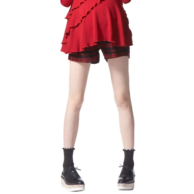 【Gennies 奇妮】經典格紋親膚短褲-紅(孕婦褲 寬褲口 一體成型 無痕褲頭)