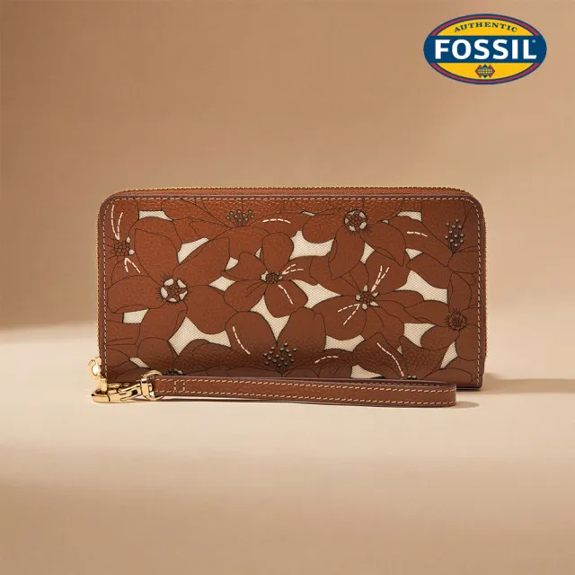 【FOSSIL】Logan 多層真皮拉鍊RFID防盜長夾-咖啡雕花 SL10106124