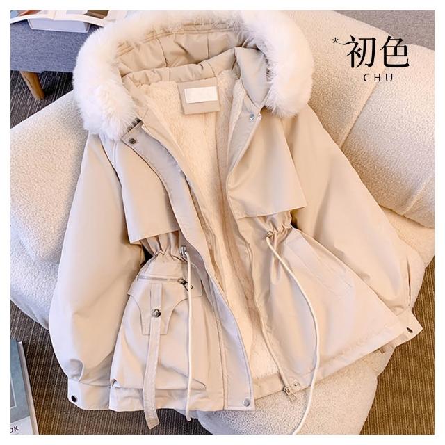 【初色】韓系純色科技保暖纖維棉服加絨厚皮連帽口袋收腰長袖外套女外套-共4色-39171(M-3XL可選)