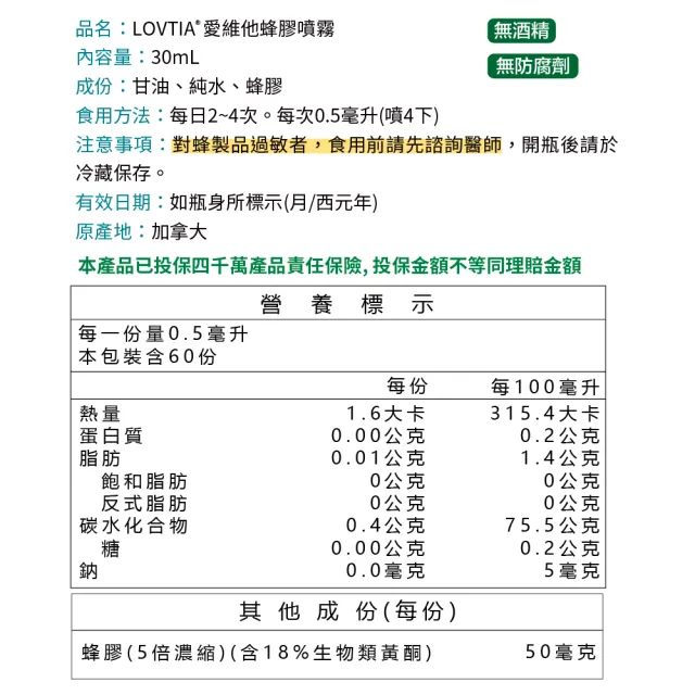 【LOVITA 愛維他】加拿大蜂膠噴霧 30ml*3瓶(共90ml 18%生物類黃酮)