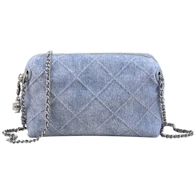 【TORY BURCH】Fleming 雙T LOGO吊飾菱格丹寧布鏈包斜背包(藍)