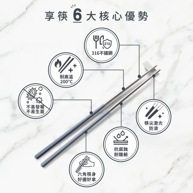 【mo select】享筷 台灣製316不鏽鋼防滑六角筷-5雙(mo選/筷子/匙筷/抗菌/餐具/抗菌餐具/316不鏽鋼)