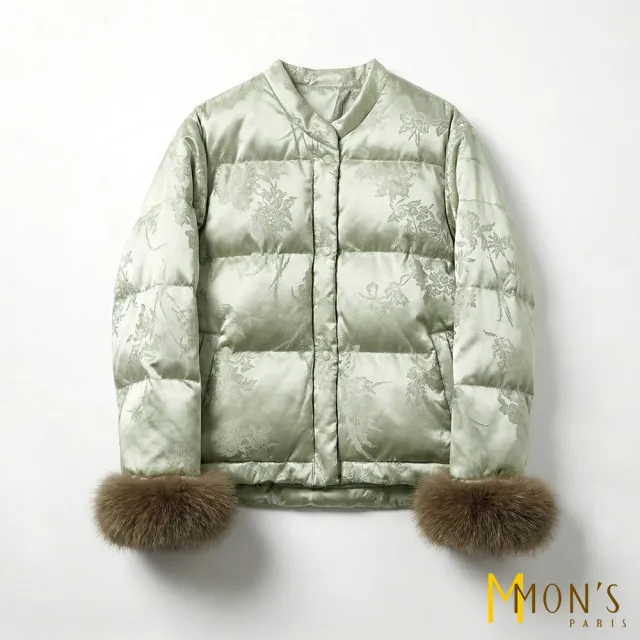 【MON’S】精品緹花紋緞面圓領羽絨外套