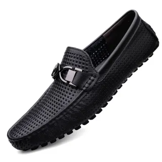 【Taroko】縷空洞洞真皮透氣男款平底豆豆鞋皮鞋(3色可選)