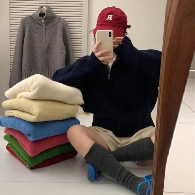 【AS 梨卡】女裝 毛衣 針織 秋冬 半拉鍊翻領毛衣 休閒寬鬆上衣 韓系慵懶風 套頭針織衫 DR646