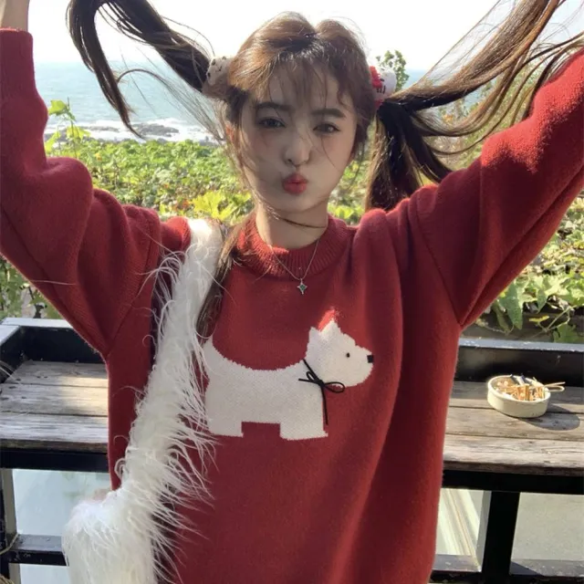 【AS 梨卡】女裝 針織上衣 毛衣 紅色 聖誕 過年 顯瘦毛衣 動物圖案毛衣 立體蝴蝶結DR600