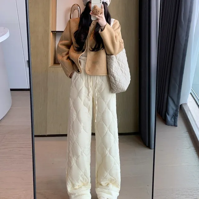 【AS 梨卡】女裝 長褲 棉褲 防風保暖 拼接 翻邊直筒褲 高腰長褲 休閒寬褲 百搭 VG217