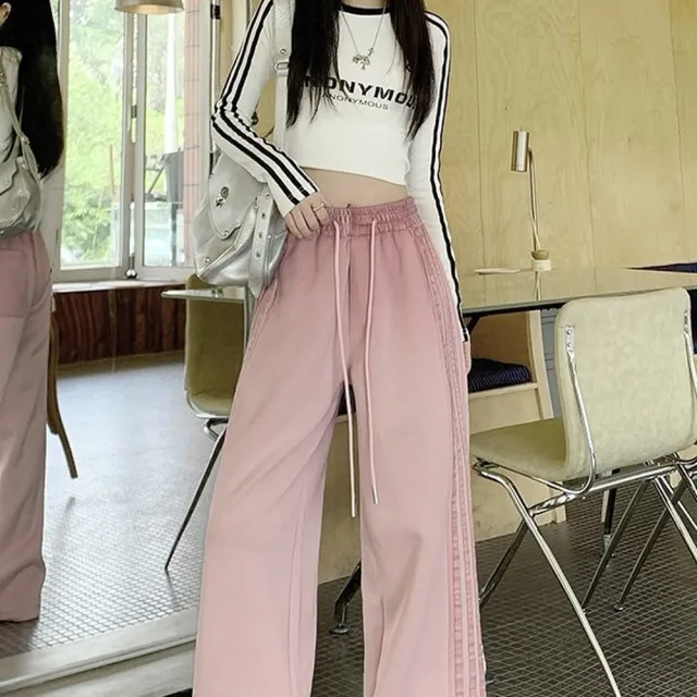 【AS 梨卡】女裝 長褲 復古條紋 加絨 高腰直筒褲 寬鬆長褲 運動長褲 冬天長褲 百搭 VG201