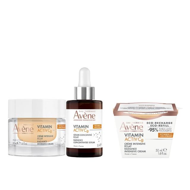 Avene雅漾極光C亮白加倍組，含極光精萃30ml與精華霜50ml，專為臉部與眼部設計，提供美白與保濕雙重功效，適合各種肌膚使用，法國原裝進口，國內專櫃公司貨。