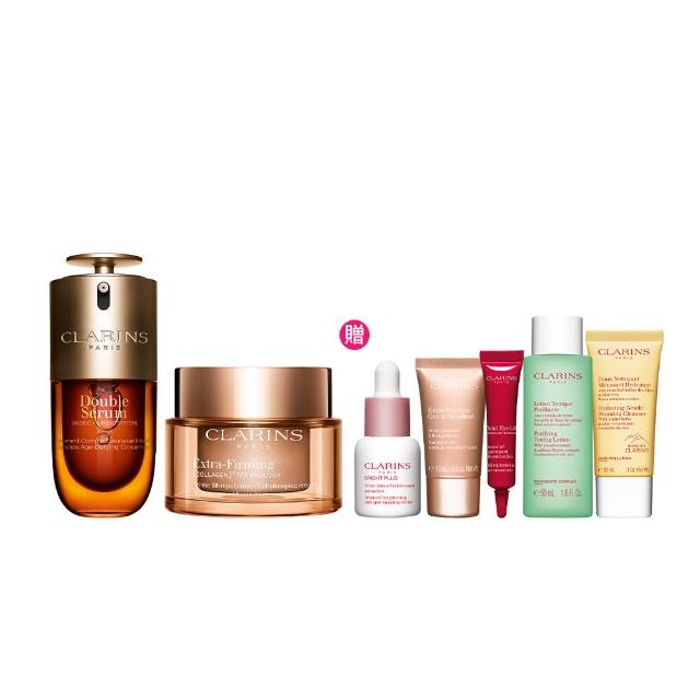 【CLARINS 克蘭詩】黃金雙萃精華30ml+煥顏緊緻膠原日霜50ml(保濕膠原注入組 抗老 彈嫩)