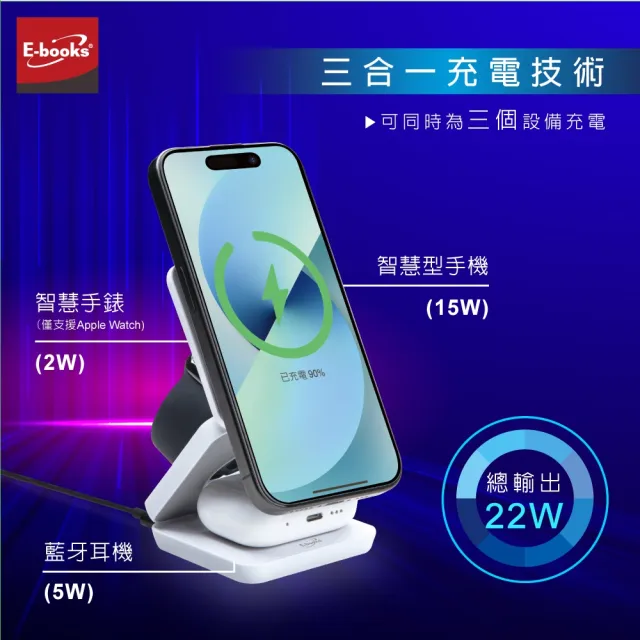 【E-books】WC-002 22W快充3合1摺疊支架磁吸無線充電器(台灣製造/可充手機、手錶、耳機)