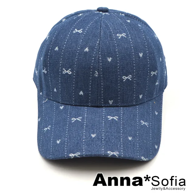 【AnnaSofia】防曬遮陽運動老帽鴨舌帽街舞嘻哈潮帽棒球帽-愛心蝶結丹寧風 現貨(牛仔藍系)