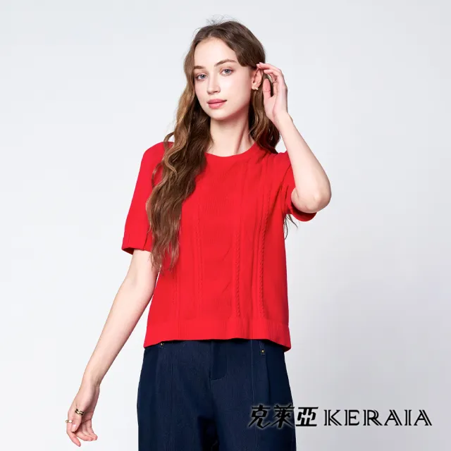 【KERAIA 克萊亞】熾烈紅光織紋褶短袖針織上衣