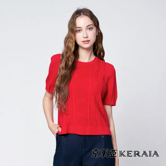 【KERAIA 克萊亞】熾烈紅光織紋褶短袖針織上衣
