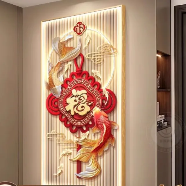 福字錦鯉玄關裝飾畫（100x200cm 12 色微噴鋁合金畫框） - momo購物網