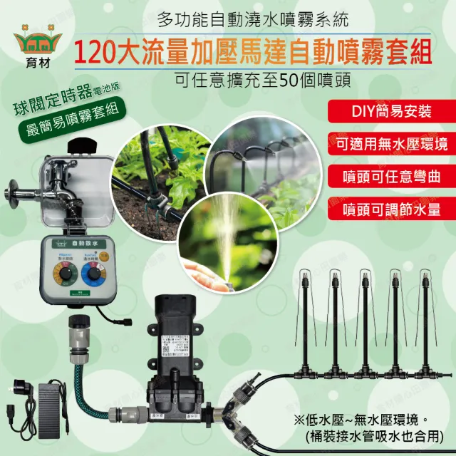 【田園樂】育材 120大流量加壓馬達自動噴霧套組8mm管(含球閥澆水定時器連動馬達型/電池)(噴頭30支)