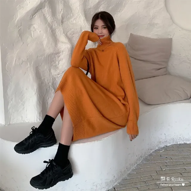 【AS 梨卡】中長版顯瘦過膝高領毛衣針織連身裙DR178