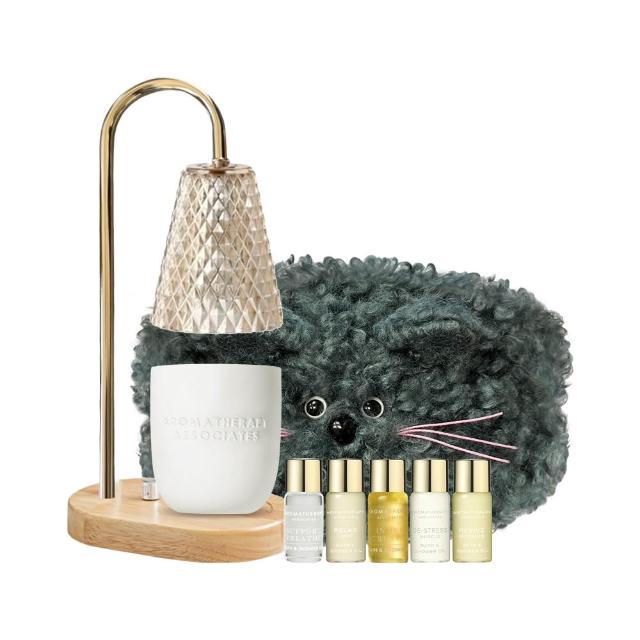 【AA 英國皇家芳療】經典英倫香薰蠟燭室內情調限定組(香氛燭200g+迷你沐浴油組+貓咪化妝包+琉璃燈罩融蠟燈)