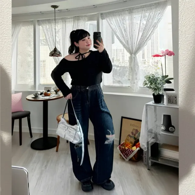 【Want-Meow】性感又不張揚！Want-Meow招財貓旺鋪台灣現貨95公斤可穿性感前挖洞割破螺紋上衣中大尺碼上衣