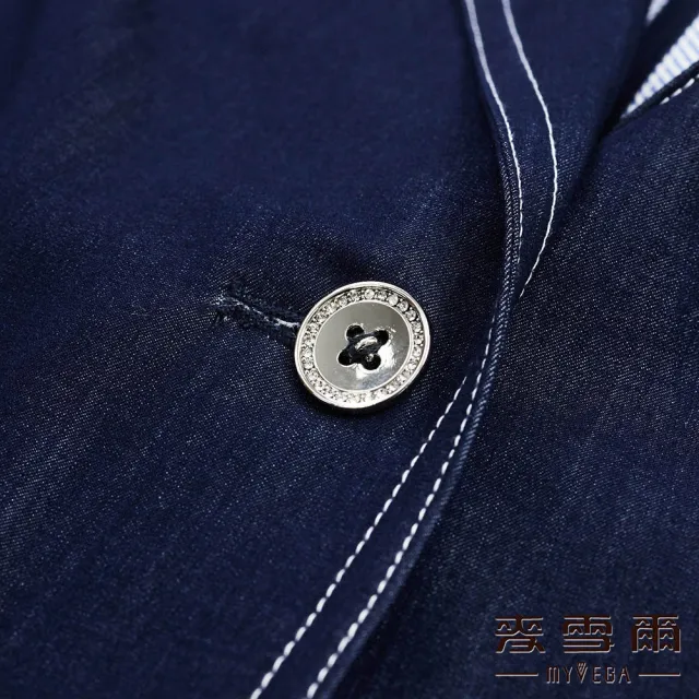 【MYVEGA 麥雪爾】涼感白車線牛仔風彈性西裝套裝外套-藍(上下身分開販售)