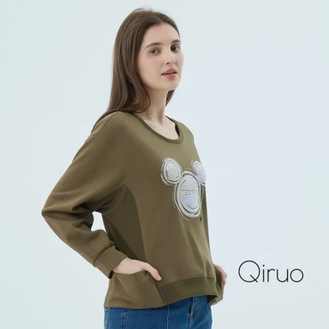 【Qiruo 奇若名品】棉質 圓領米老鼠淺綠短版長袖上衣2511A