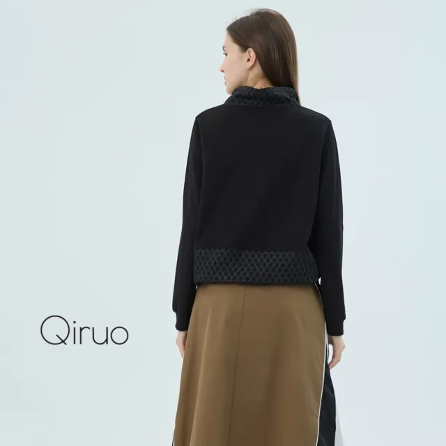 【Qiruo 奇若名品】軟絨棉質 立領素面長袖黑色休閒上衣 7163A 
