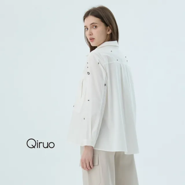 【Qiruo 奇若名品】棉質 開襯衫領 排釦亮鑽長袖寬版白襯衫7223A