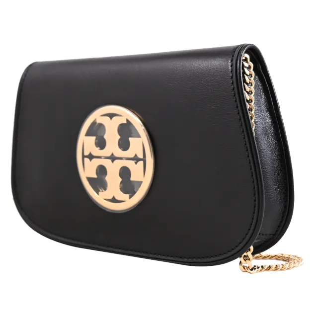 【TORY BURCH】Reva 簡約金屬雙T LOGO翻蓋單肩包晚宴包鍊包(黑)