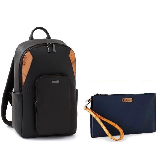 【Alviero Martini】義大利地圖包 新春福袋小牛皮1+1組 14吋筆電後背包+隨身萬用包-黑色(電腦包 筆電包)