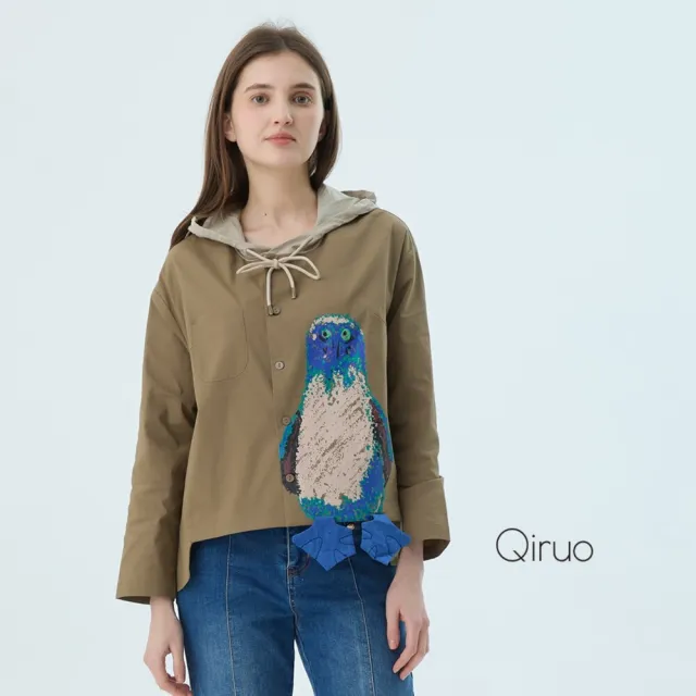 【Qiruo 奇若名品】棉麻質感 雙色卡通連帽長袖造型襯衫6233A