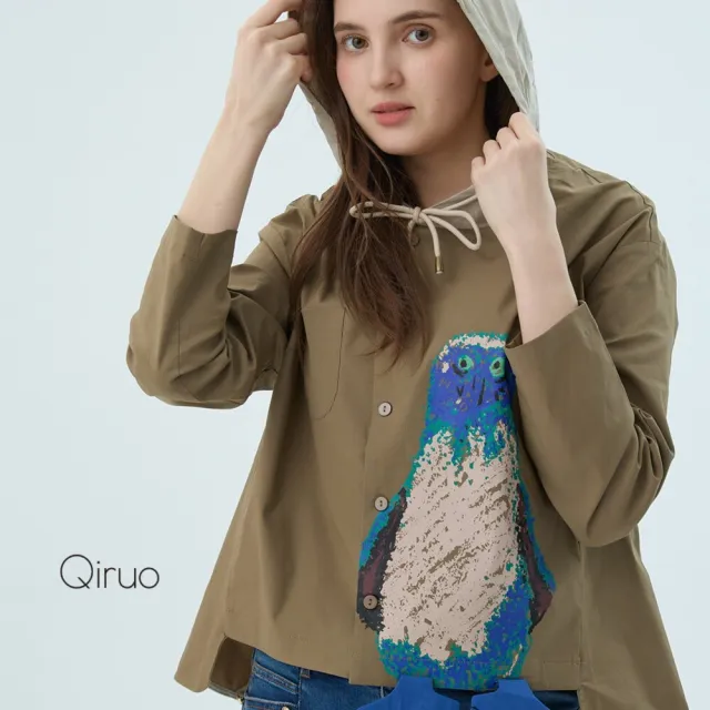 【Qiruo 奇若名品】棉麻質感 雙色卡通連帽長袖造型襯衫6233A