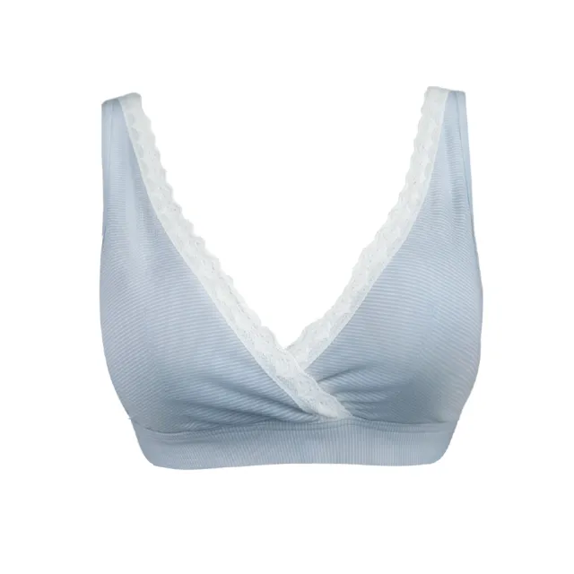 【Gennies 奇妮】哺乳內衣褲成套 咖啡紗無鋼圈內衣 中腰內褲(孕婦內衣 交叉款 孕婦內褲 莫蘭迪藍 A67B35)