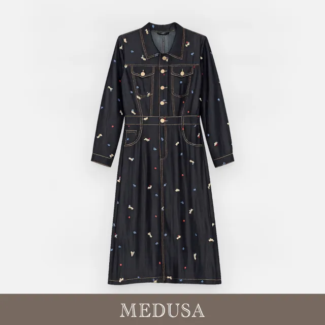 【MEDUSA 曼度莎】現貨-法式小狗刺繡牛仔長洋裝（M-XL）｜牛仔洋裝 休閒洋裝 長洋裝（701-72106）