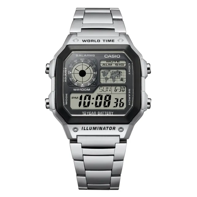 【CASIO 卡西歐】方形不鏽鋼世界地圖電子錶(AE-1200WHD-1A)